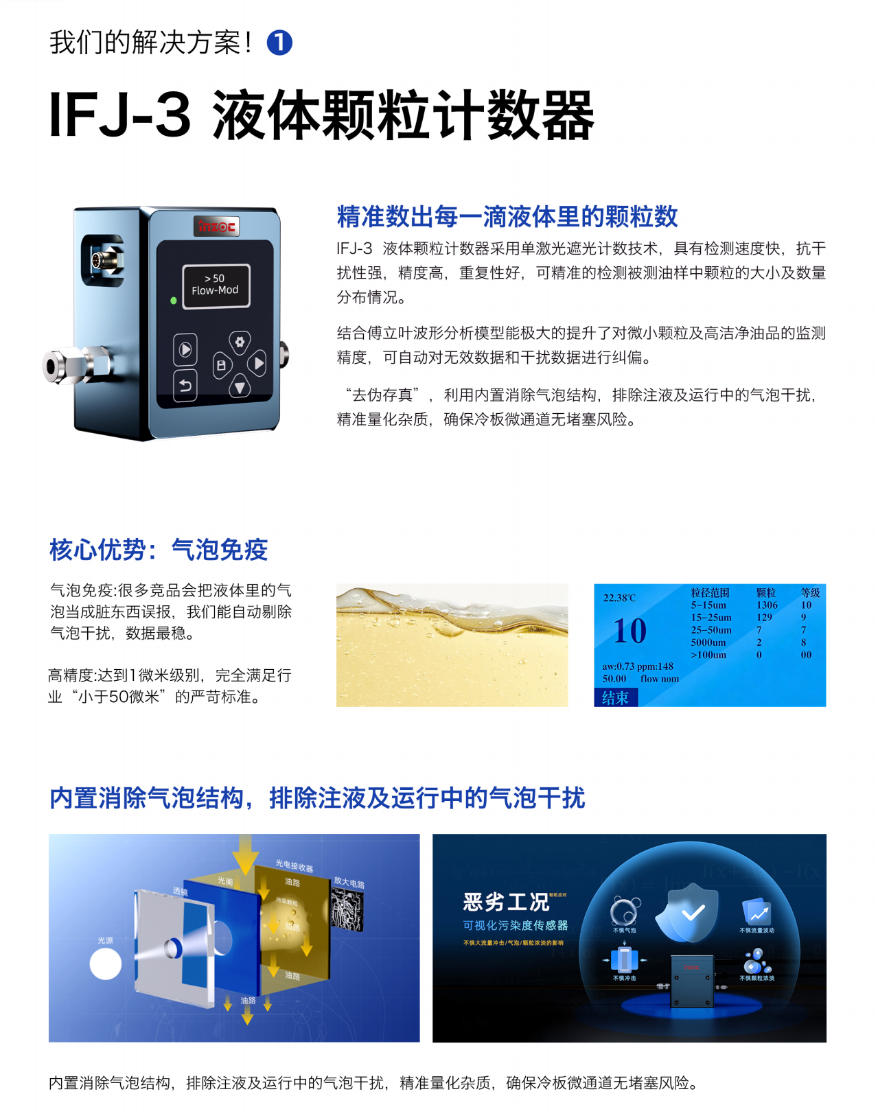 精準數出每一滴液體里的顆粒數
IFJ-3液體顆粒計數器采用單激光遮光計數技術，具有檢測速度快，抗干擾性強，精度高，重復性好，可精準的檢測被測油樣中顆粒的大小及數量分布情況。
結合傅立葉波形分析模型能極大的提升了對微小顆粒及高潔凈油品的監測精度，可自動對無效數據和干擾數據進行糾偏。
“去偽存真”，利用內置消除氣泡結構，排除注液及運行中的氣泡干擾，精準量化雜質，確保冷板微通道無堵塞風險。